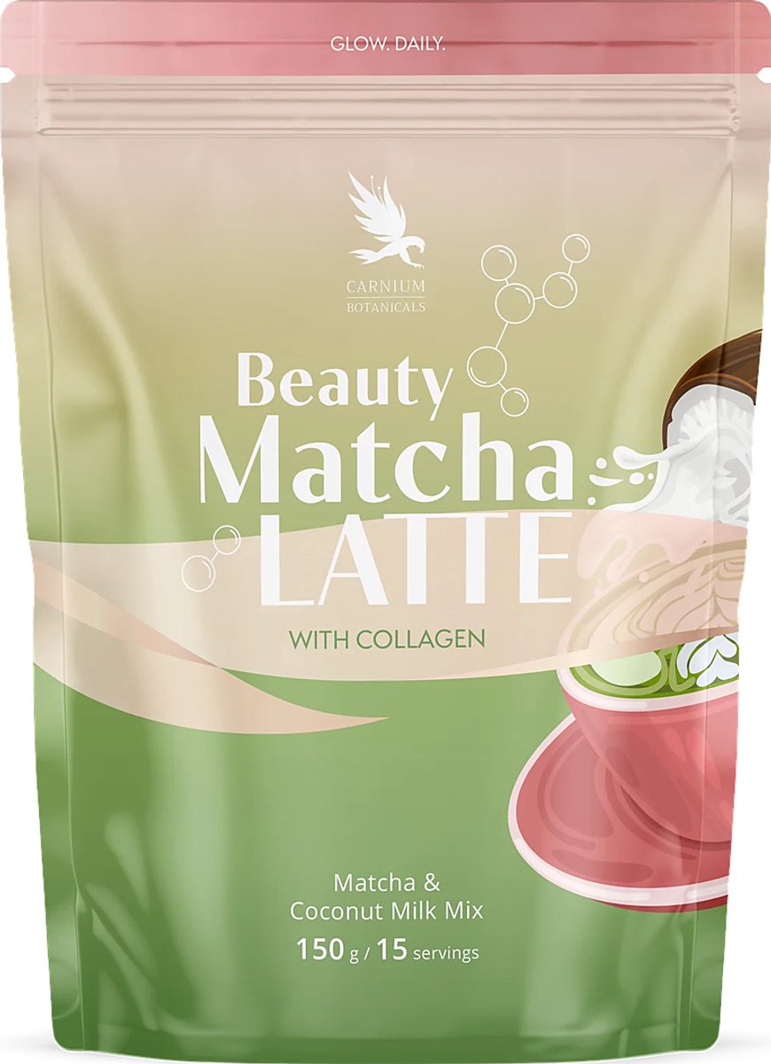 Carnium Botanicals Beauty Matcha Latte with Collagen – 3-in-1 Beauty Ritueel – Ceremonial Matcha + Collageen + Romige Kokos-Vanille – 150g / 15 Porties