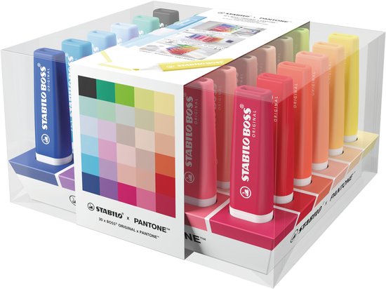 STABILO x PANTONE set van 30 markeerstiften in een transparante displayverpakking.