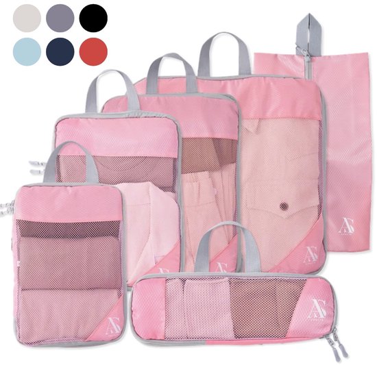 Set van 6 roze packing cubes met gaasfront en grijze handvatten. Compressie rits.