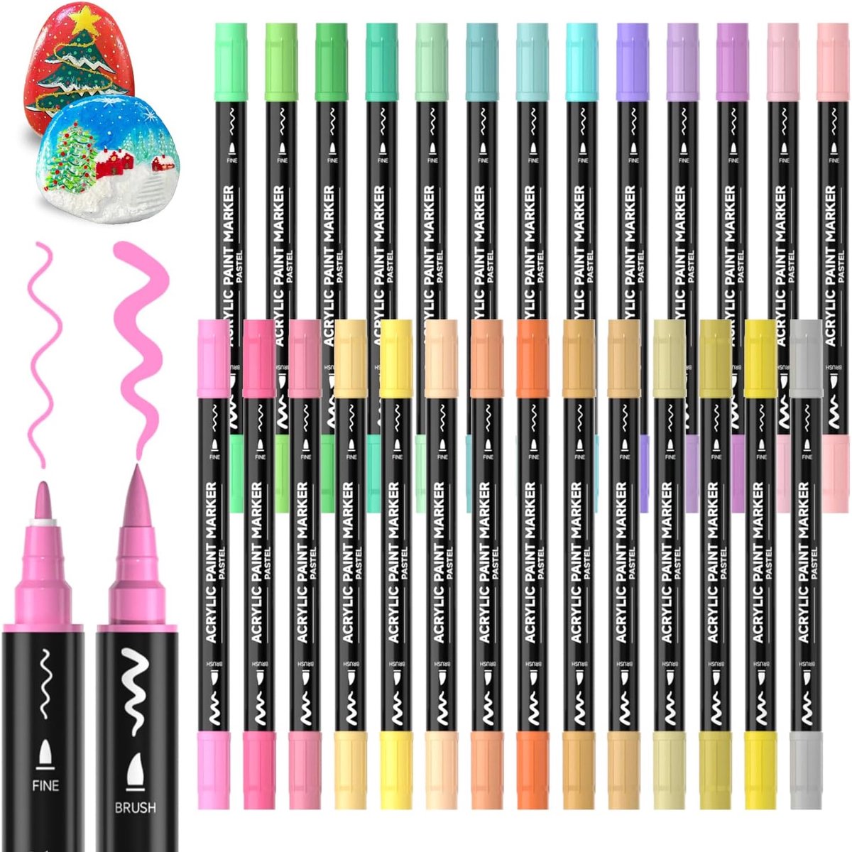 Acrylmarkers Pastel 28 Kleuren – Dubbele Punt Brush & Fine – Voor Steen, Glas, Hout, Keramiek & Canvas