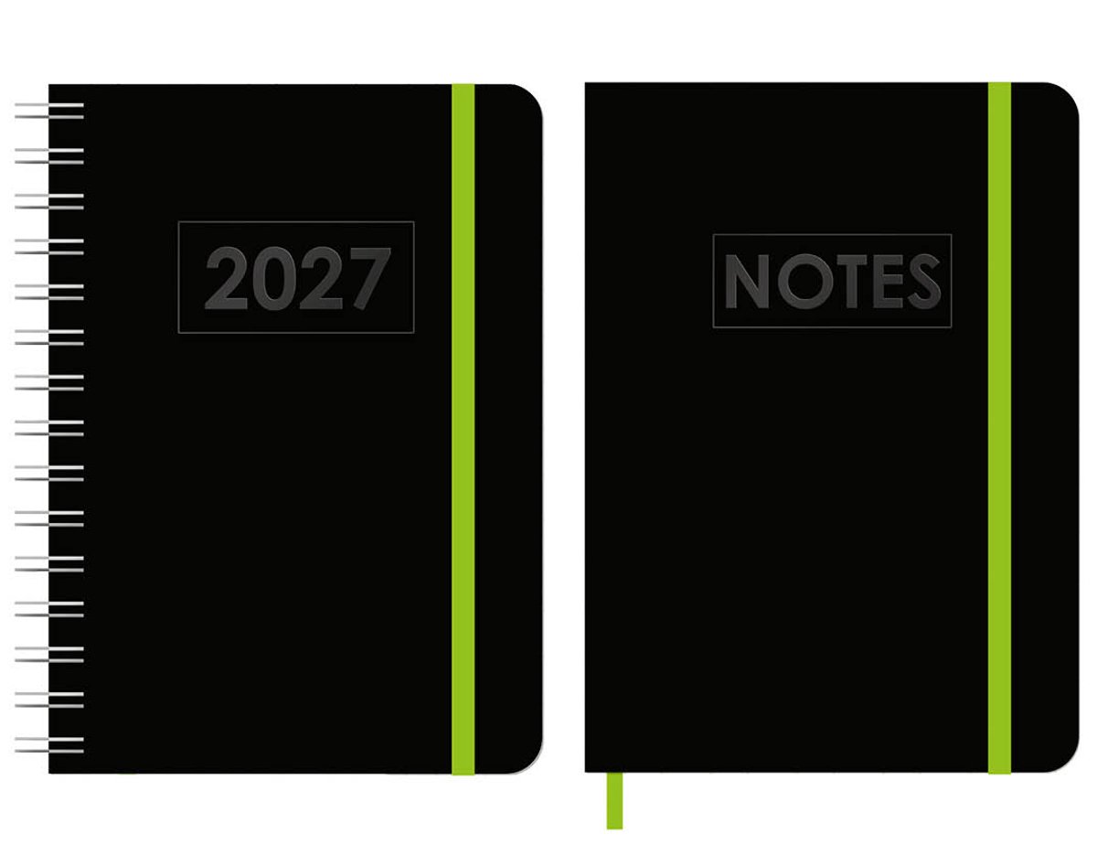 MGPcards - A5 Wire-O Agenda 2027 - Weekoverzicht 1w/2p - Zwart + Groen elastiek - 14,8 x 21 cm + Notitieboekje/opschrijfboekje - gelinieerd - 80 pagina's - A5 - Zwart-Groen