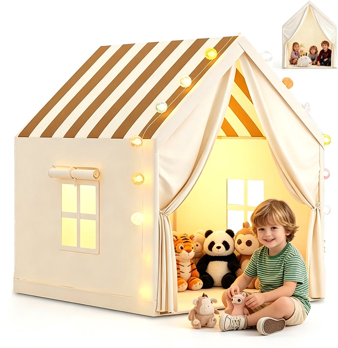 Speeltent voor Kinderen - Speelhuisje - Kinder Speelhuis - Kindertent met Gestreept Dak - 120x105x128 cm - 1 Deur & 2 Ramen - Ventilatie - Stevig Metalen Frame - met Sfeerlampjes - Voor Binnen & Buiten