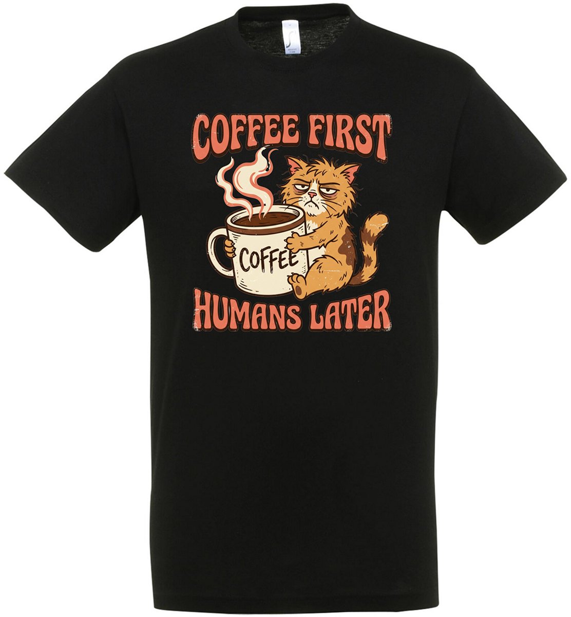 Coffee First Humans Later T-shirt - Heren Dames Unisex - cadeau - Katten T-shirt - Cat - Meme - Kat - Grappige T-shirt’s - Origineel Cadeau - Zwart - Funny - Grappig - Maat M