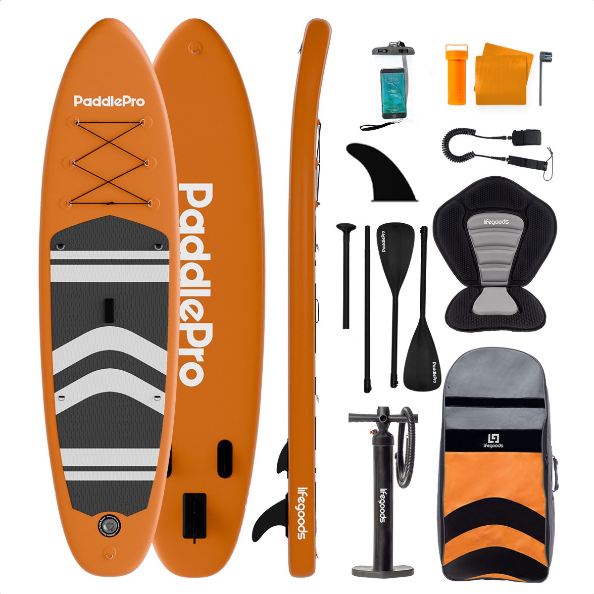 LifeGoods SUP Board - met Zitje - Opblaasbaar Paddle Board - Complete Set - Max. 135KG - 320x81cm - Oranje