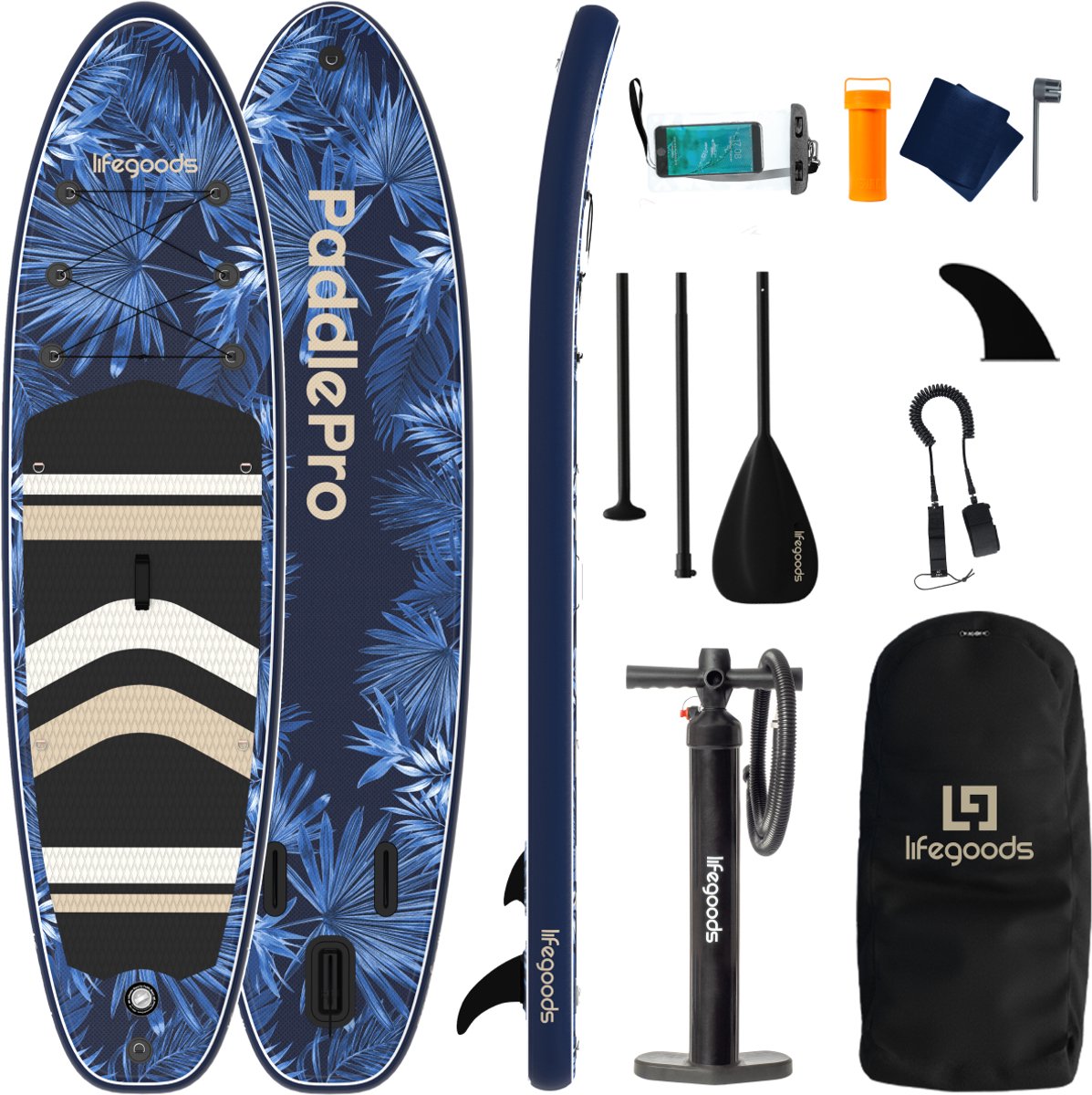 LifeGoods PaddlePro SUP Board - Opblaasbaar Paddle Board - Complete Set - Max. 150KG - 320x81cm - Tropical Blauw