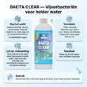 Fles BACTA CLEAR vijverbacteriën voor helder water, met informatie over gebruik en voordelen.