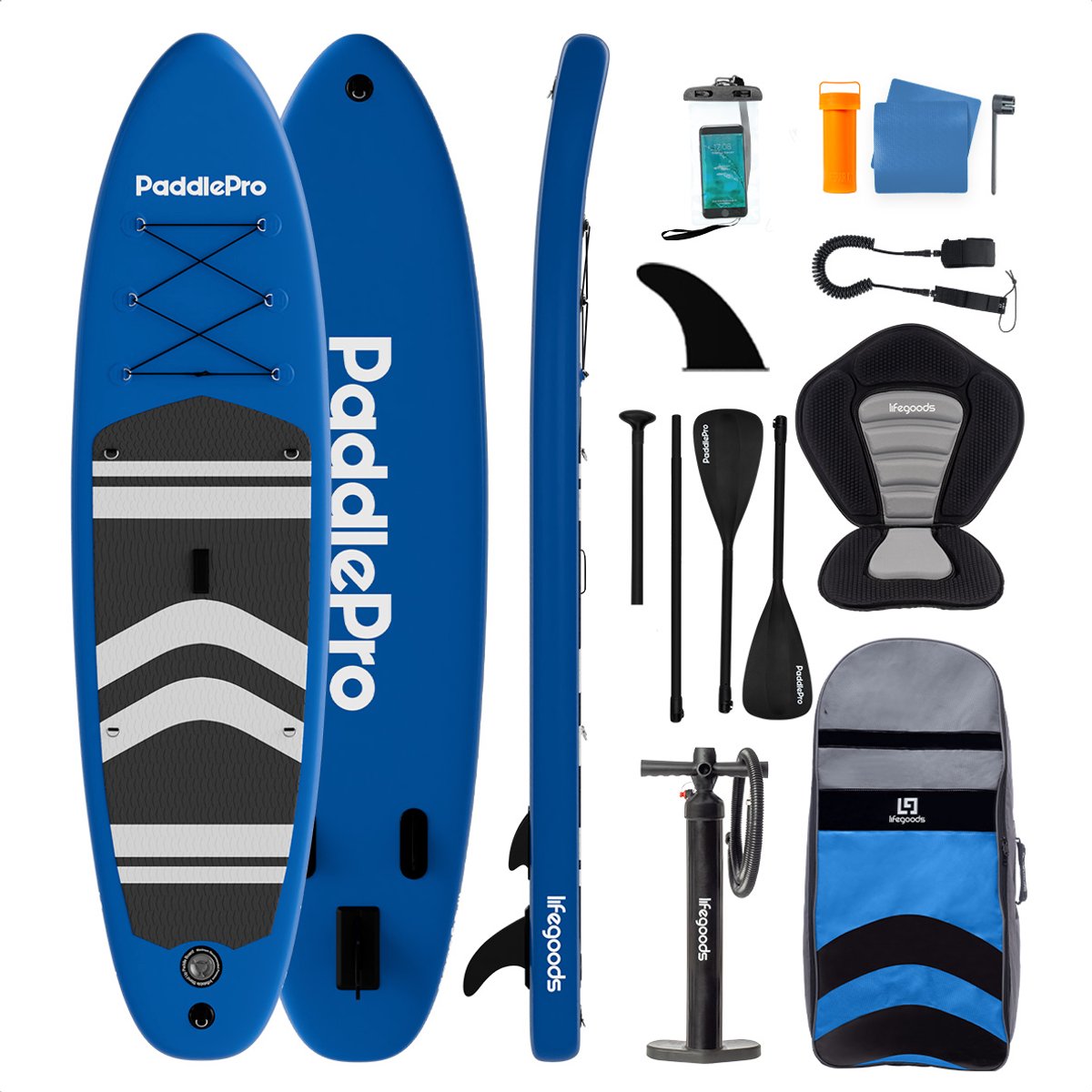 LifeGoods PaddlePro SUP Board - met Zitje - Opblaasbaar Paddle Board - Complete Set - Max. 150KG - 320x81cm - Blauw