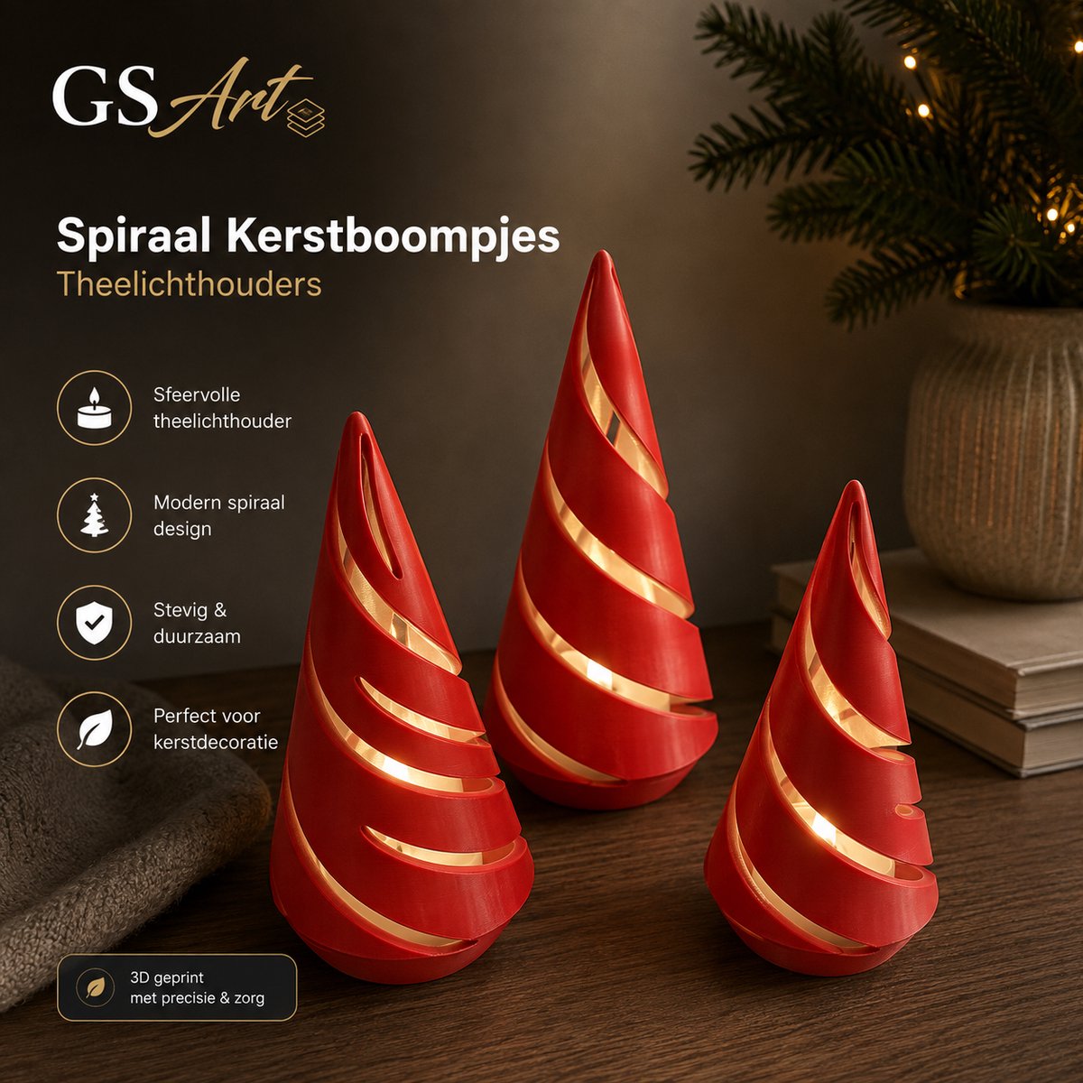 GSArt Spiraal Kerstboompjes Theelichthouders – Set van 3 met LED Theelichtjes - Glanzend Candy Red