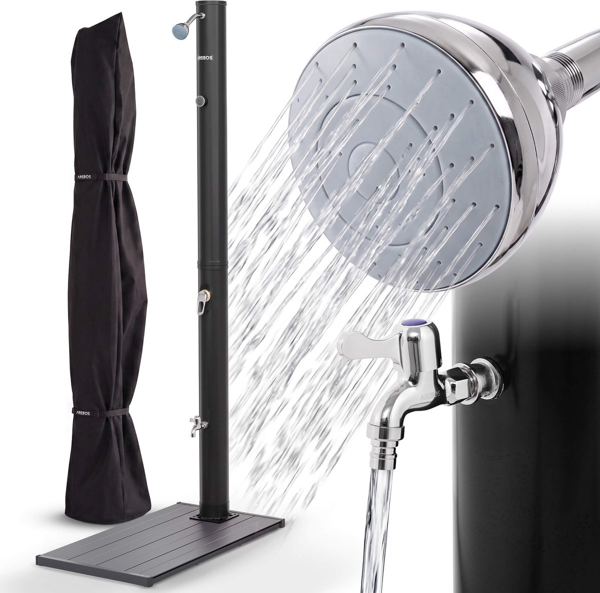 AREBOS Tuindouche met Bodemplaat - Solar Douche met thermometer - Buitendouche Zonneenergie 20L - Tuindouche Buitendouche - Zwart