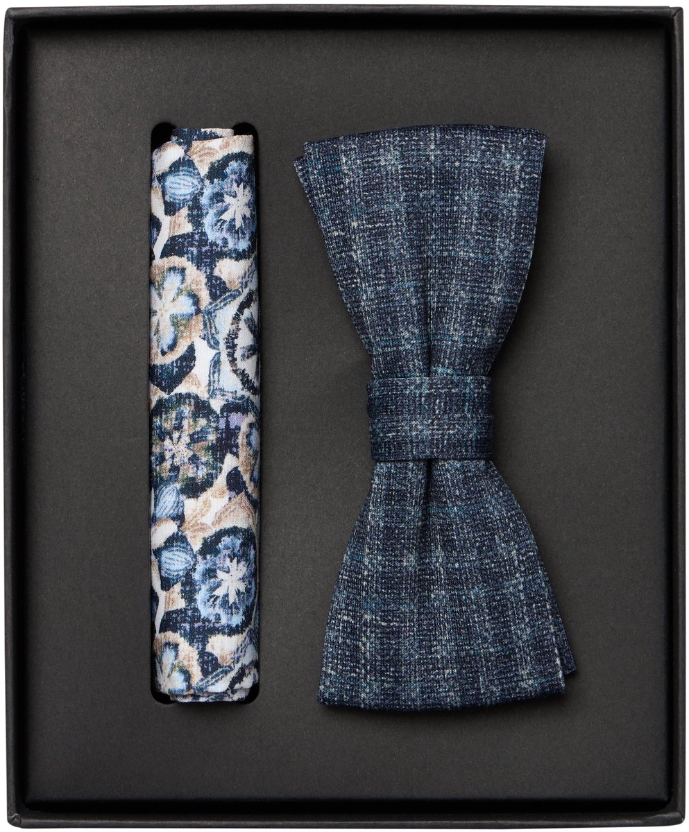 VENTI set met vlinderdas en pochet - donkerblauw - blauw - wit - beige dessin
