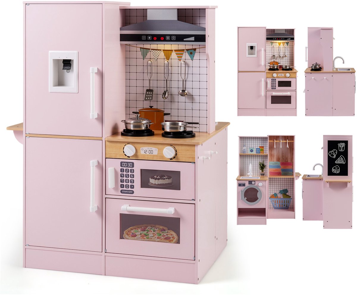 COSTWAY Kinderkeuken, Houten Speelkeuken met Licht en Geluid, Dubbelzijdige Speelgoedkeuken met Kledinghanger, Afzuigkap, Magnetron & Kookgerei, Houten Keuken voor Kinderen vanaf 2 Jaar (Roze)