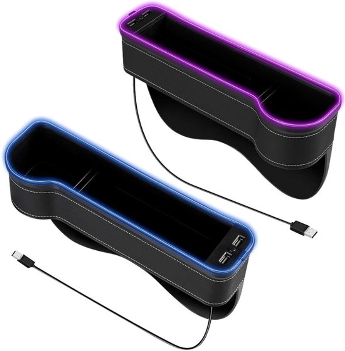 2-delige Auto Opbergdoos voor Middenconsole en Zitplaats, Organizer met Bekerhouder, USB Aansluiting en LED Verlichting, Leer Autokoffer voor Voorstoelen en Passagierszitplaatsen