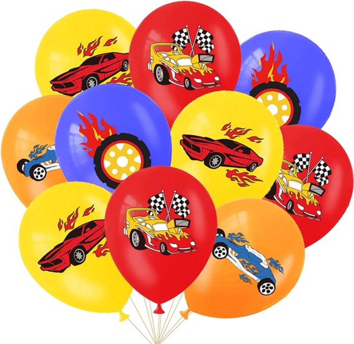 Feestballonnen voor een Raceauto Thema - Latex Ballonnen met Vlammen en Banden - 16 Stuks in Rood, Geel, Blauw en Oranje