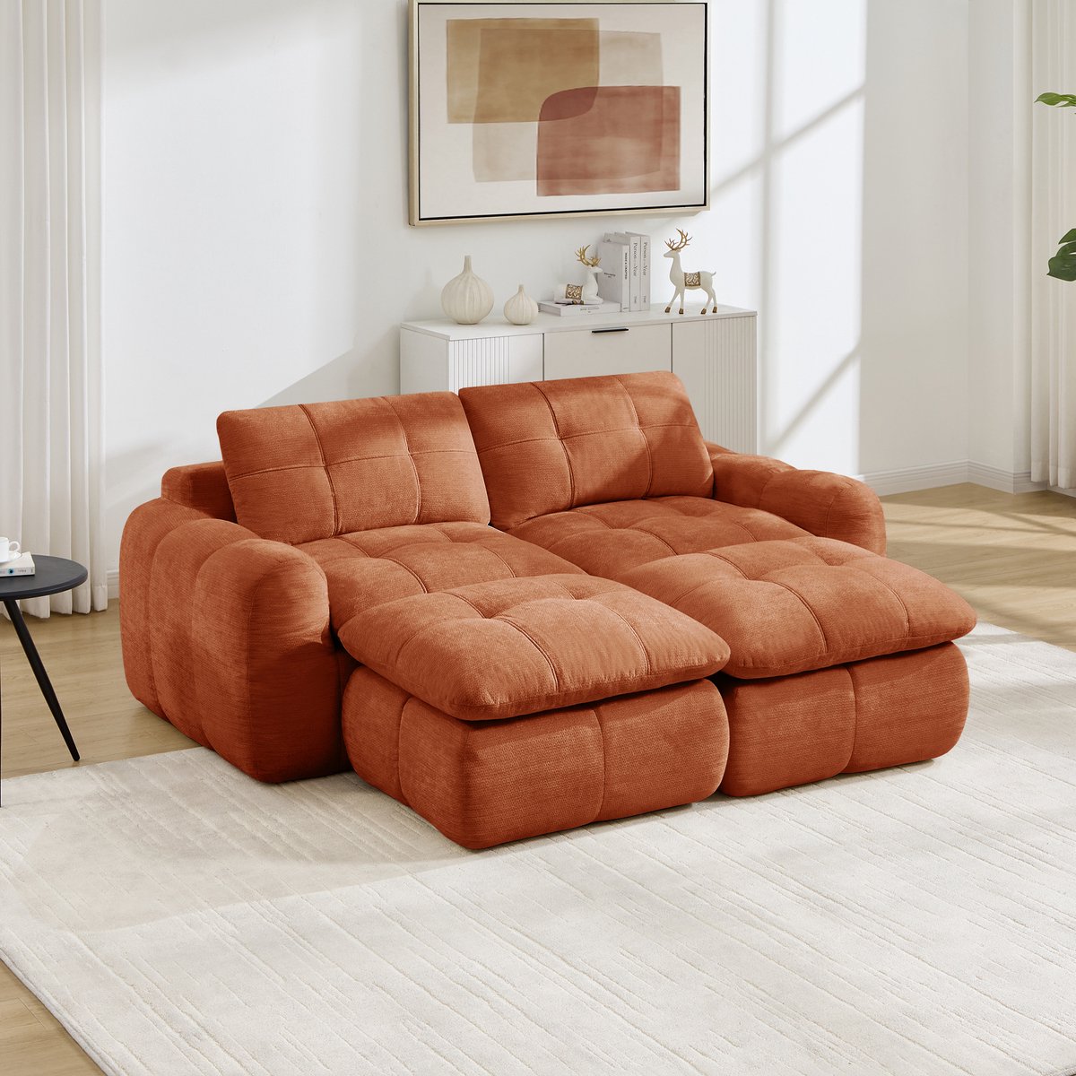 HAUSS SPOLE Set Bank - Modulaire 2-Zits Bank Met 2 Ottomans - Vrij Te Combineren En Montagevrij - Voor Woonkamer - Chenille Oranje