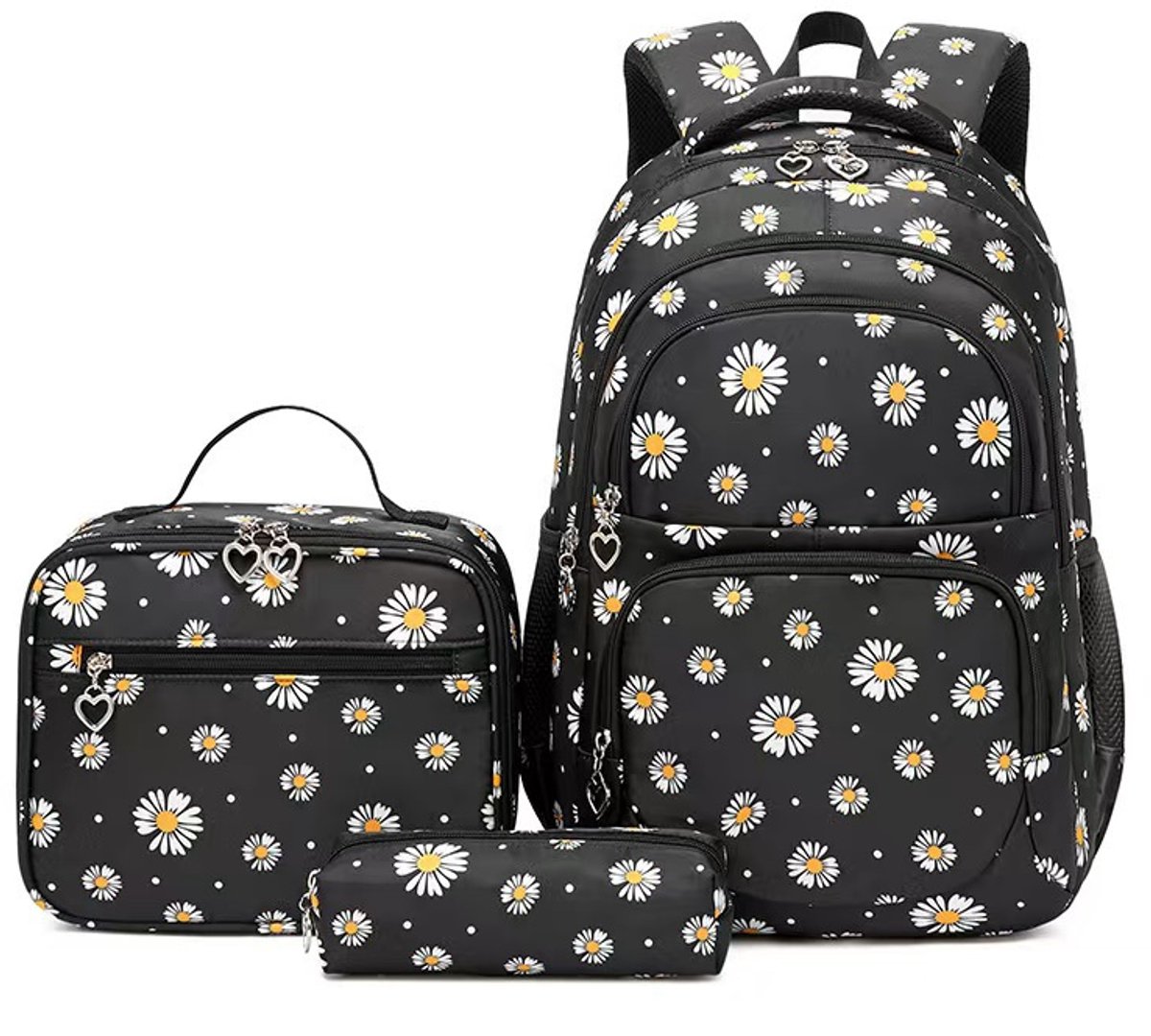 3-in-1 rugzakset voor meisjes – schoolrugzak met madeliefjesprint – inclusief lunchbox en etui – lichtgewicht waterdichte boekentas – voor tienermeisjes, basisschool- en middelbare scholieren – reisrugzak(Zwart)
