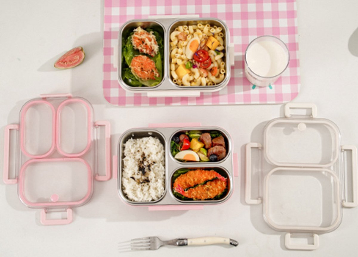 Lunchbox - 1 Stuk - Verdeeld Bord - Roestvrij Staal - 1000 Ml - Bentobox - Geïsoleerd En Draagbaar - Metalen Lunchbox Met Vakjes - Dubbele Metalen Lunchbox Met 3 Vakken - Geschikt Voor Werk, Reizen, School, Picknicks - Roze — cadeau in Koken & Dineren - foto 5