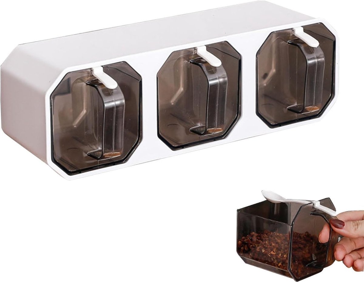 Wandgemonteerde kruidenpotjesset, 3-delige set met deksel en lepel, zelfklevende transparante kruidenpotjes voor specerijen, suiker, zout en peper (wit).