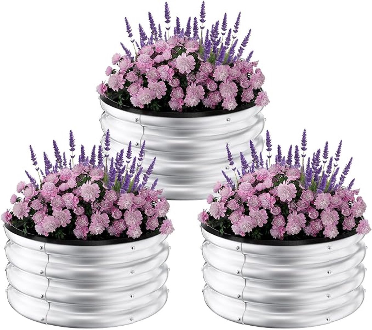HOERFURIY set van 3 ronde verhoogde plantenbakken van ongelakt verzinkt staal, diameter 61 cm, hoogte 30 cm, open bodem – modulaire moestuinbakken voor balkon, terras en tuin