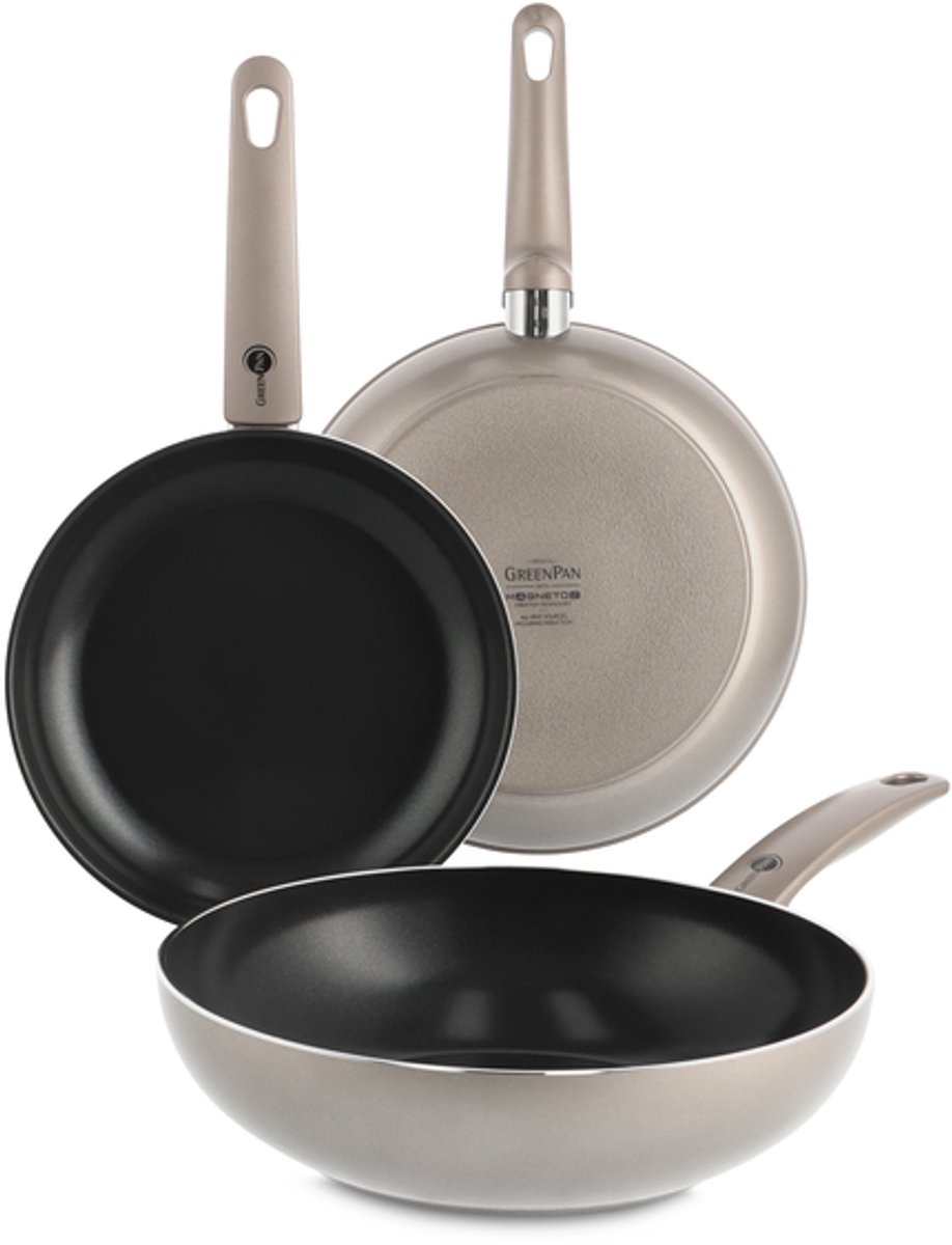GreenPan Cambridge Bronze Pannenset 3-delig - Koekenpan 24 cm + 28 cm + Wokpan 28 cm - PFAS-vrije antiaanbaklaag - Inductie pannenset - Ovenbestendig tot 180°C - Koudgrepen - Zonder deksel - Brons