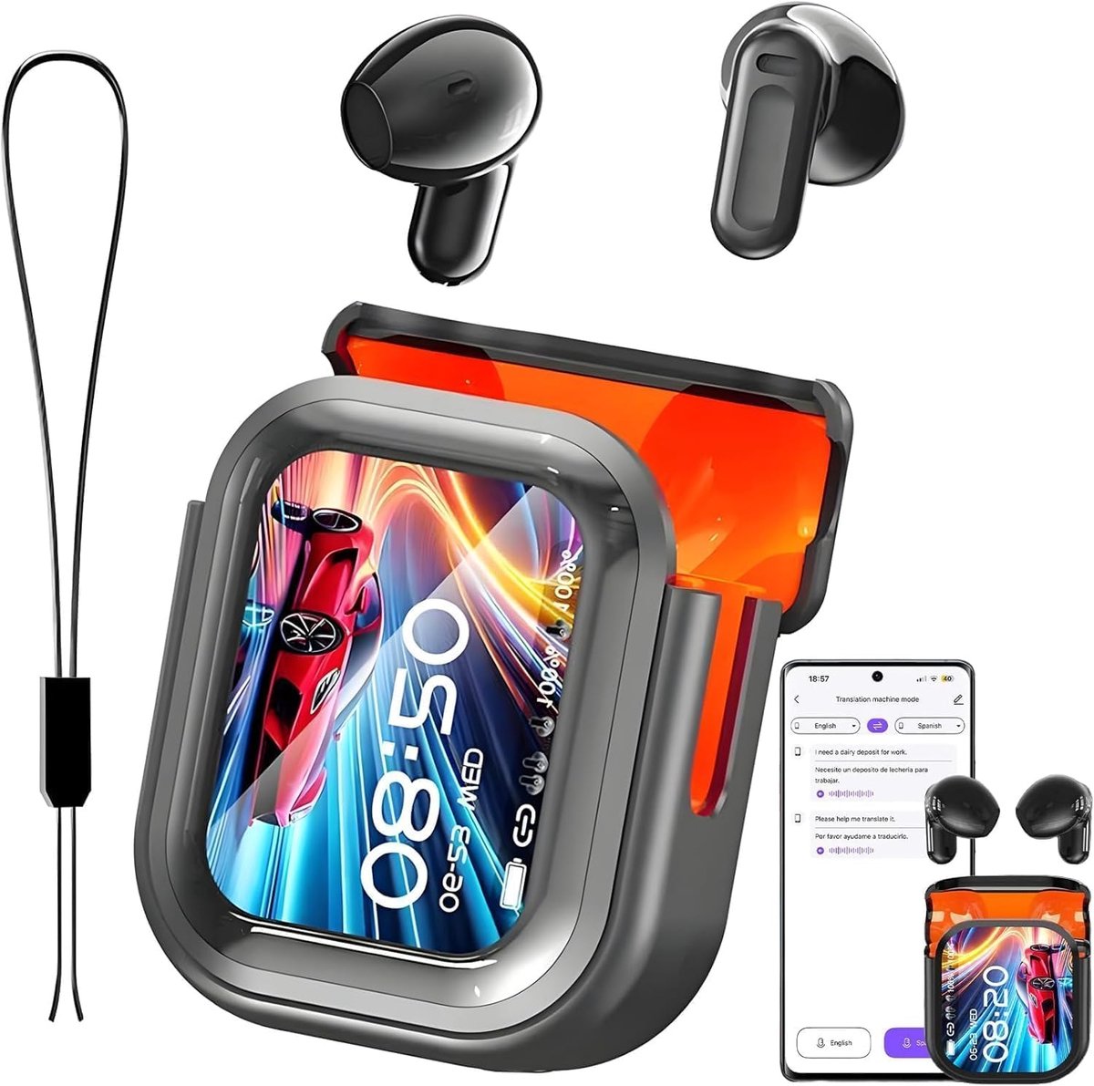 Namajunas - Draadloze Oordopjes - Bluetooth Oortjes Draadloos - AI Hoofdtelefoonvertaler - 3-in-1 vertaaltingshoofdtelefoon - 135 talen met app - Met LCD-touchscreen - Bluetooth 5.4 - In-ear hoofdtelefoon - Geschikt voor reisgebruik