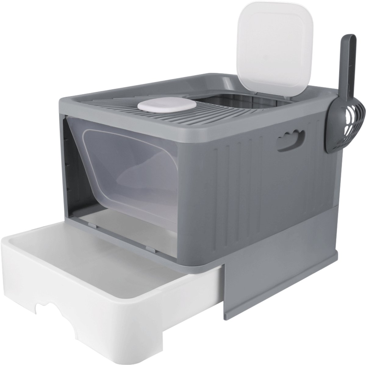 PIPIPOXER Kattenbak met lade -Kattentoilet met Schep - Opvouwbare Gesloten Kattenbak met Lade - - 2 in 1 Open Kattenbak - Kattentoilet - Dubbele ingang/uitgang -38x48x37cm - grijs