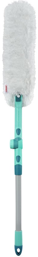 Plumeau blanc et duveteux avec un manche turquoise droit et une rallonge.
