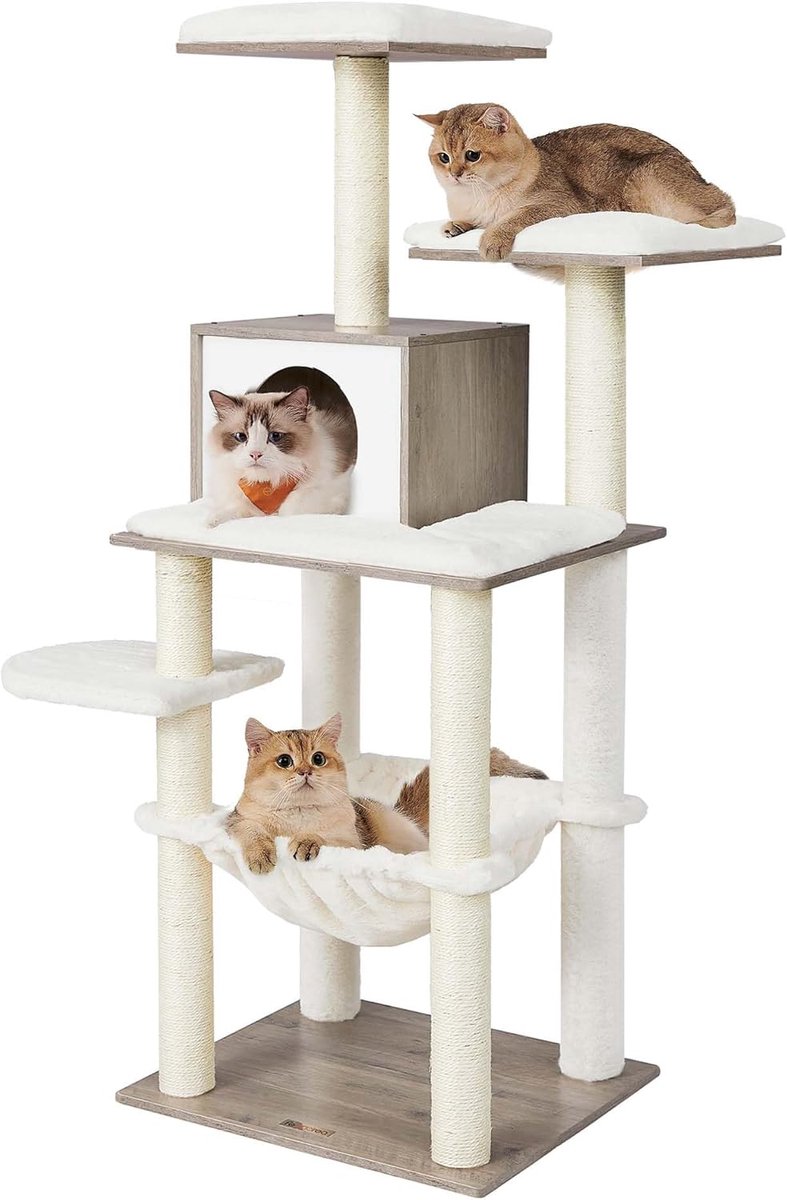 Feandrea Cat Scratching Post 138 cm Cat House with 5 Scratching Posts Cat Cave | Cat Furniture for Indoor Cats, Washable Removable Cushions, Platform, Greige, CAEN Collection, PCT164G01