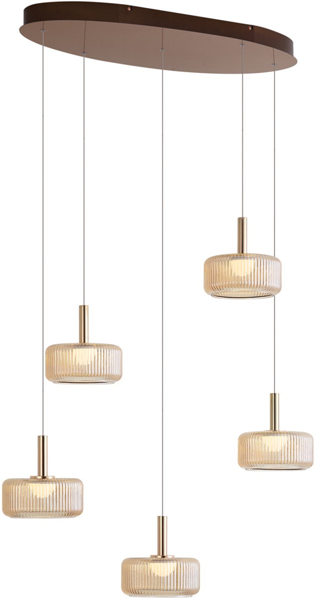 Qazqa eettafel design verstelbare hanglamp - Fiera - goud met amberglas, vintage, rond, 5-lichts, 88cm, ideaal als eettafellamp en woonkamer lamp