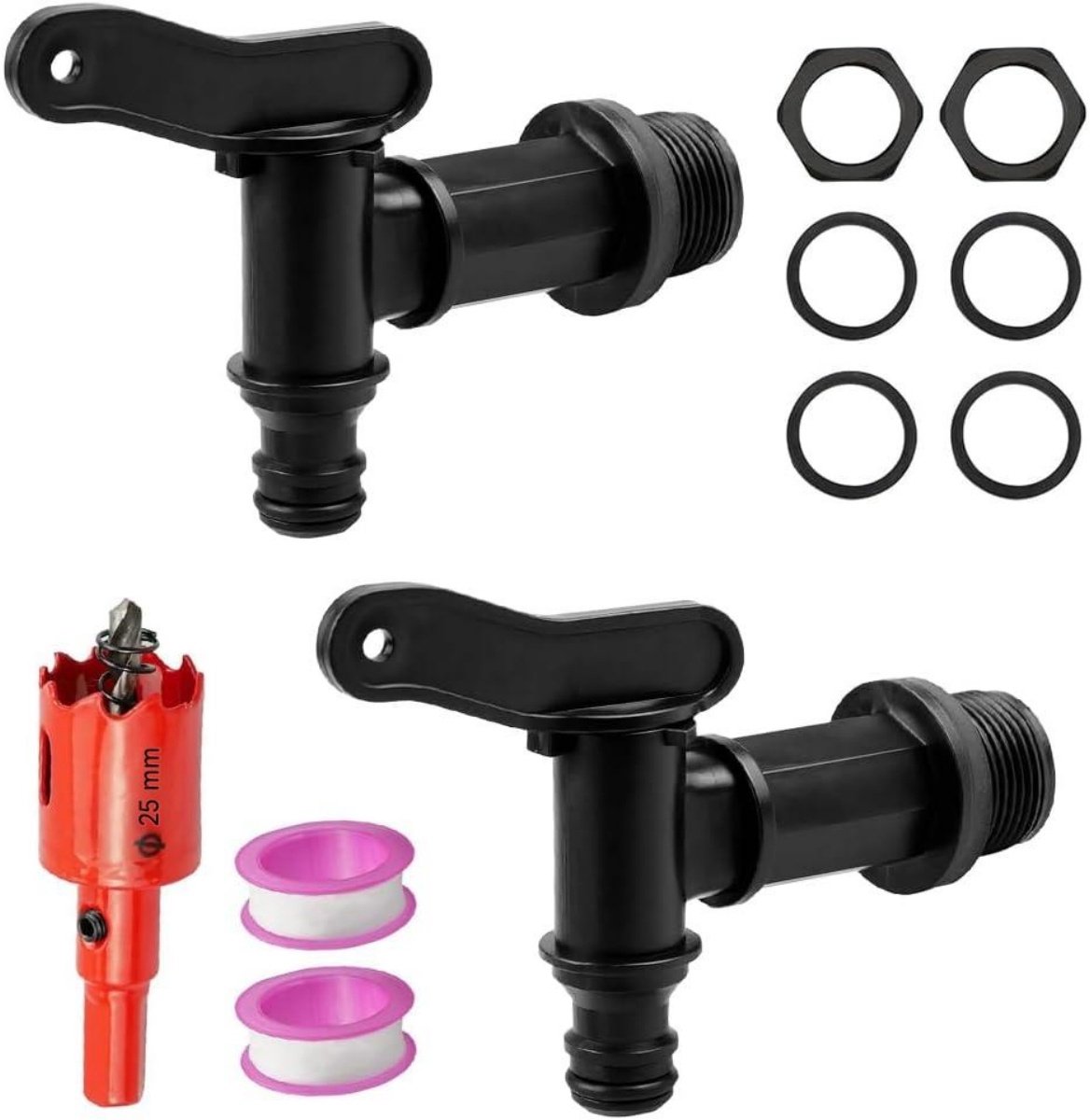 SSTRWGOOD Tuinkraan - 2 Stuks - Kunststof Waterkraan voor Regenton - 3/4 Inch Uitloopkraan met Dichtingsset - Geschikt voor Regenwaterbak en Tuin - Incl. 2 Kranen, 2 Rollen Tape, 4 Pakkingen, 2 Kontermoeren en 1 Boorpen