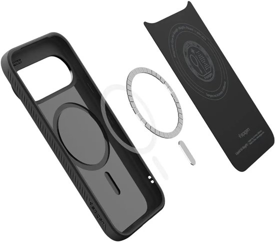 Zwarte Spigen Liquid Air MagFit hoes, magnetische ring en plaat.