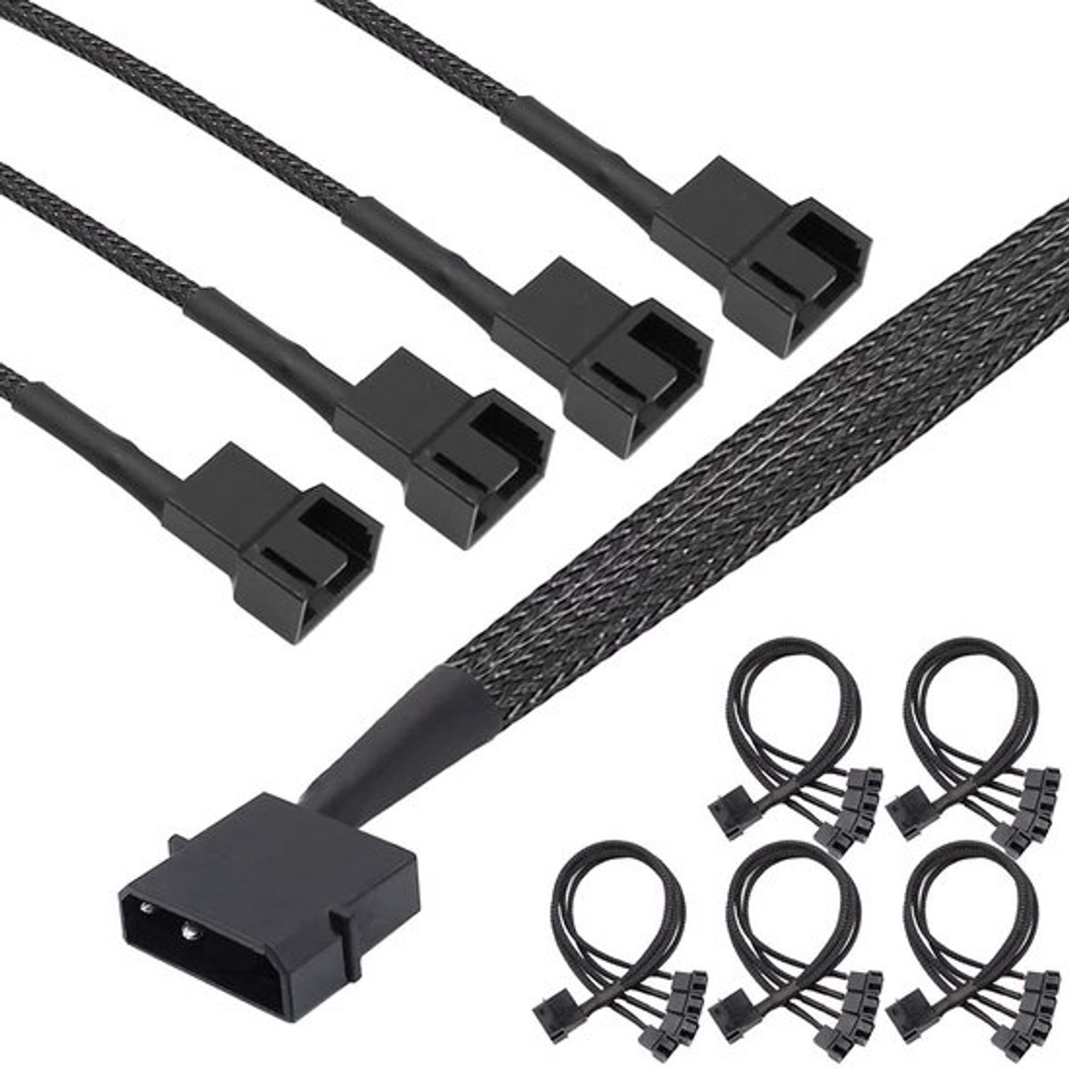 Set van 5 4 Pin naar PC Adapterkabels, 4-Pin Stekker naar 4 x 3-Pool, Ventilator Kabel voor PC Upgrade