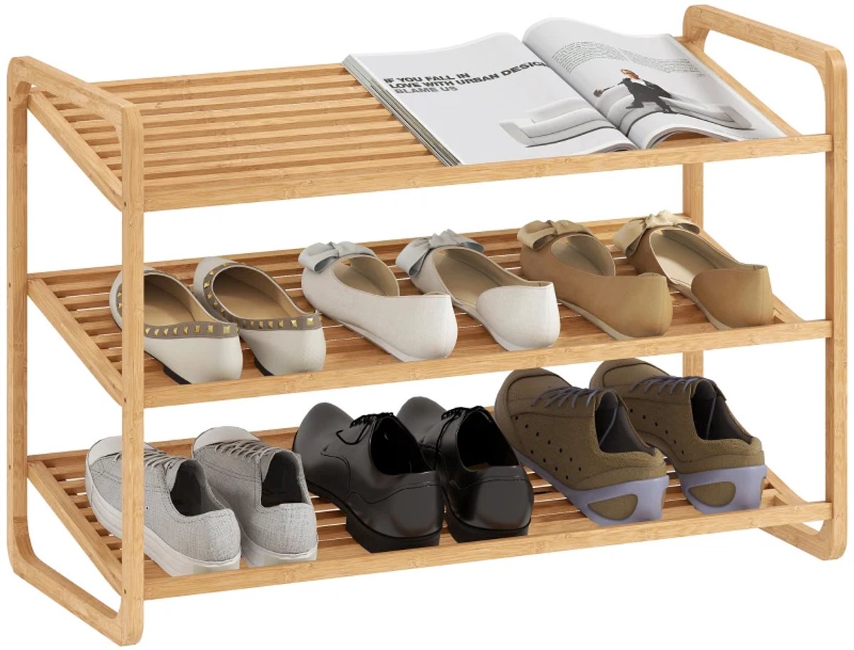 Opbergkasten - Bamboe Plank en Schoenenrek voor de Hal - Plank met 3 Niveaus en Ontwerp - Hout - Draagvermogen 30 kg