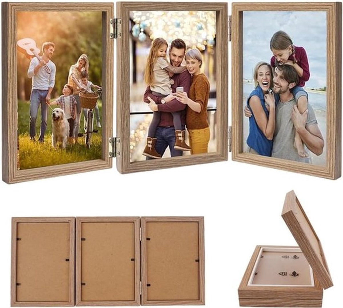 Collage Fotolijst voor 3 Foto's 10x15 cm Vouwbaar Houten Fotolijst met Scharnier en Acrylplaat voor Tafel en Kantoor Bruin voor Familie en Bruiloft
