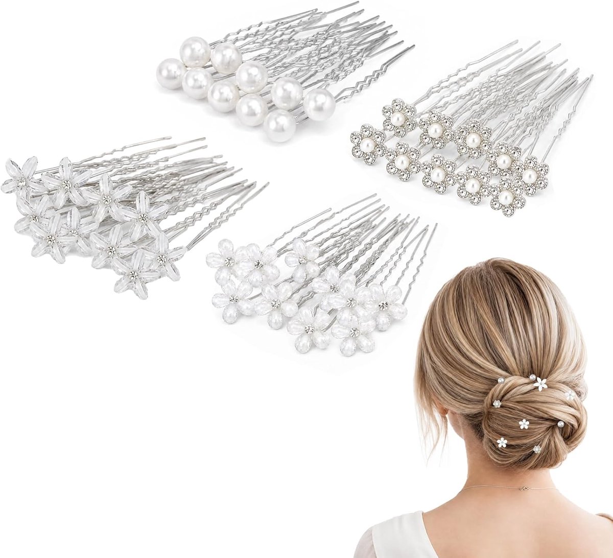40 stuks haarspelden met parels, bloemenhaaraccessoires (zilver) - ShopVlot