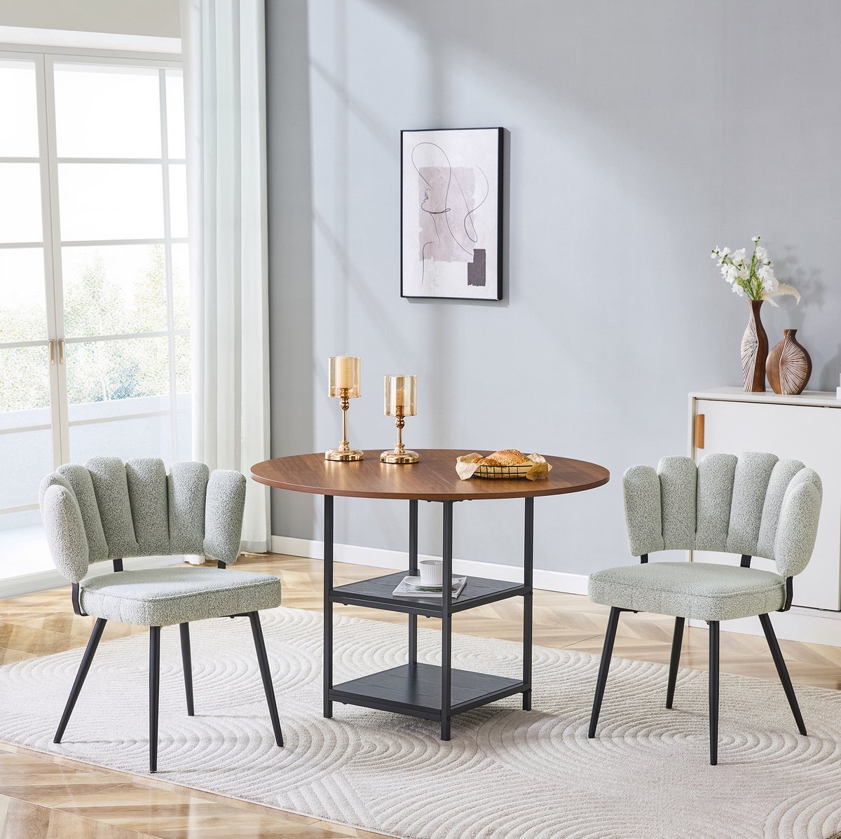 COVREO Eettafelset 107 cm walnoot-look, 2 stoelen bouclé en opberglagen