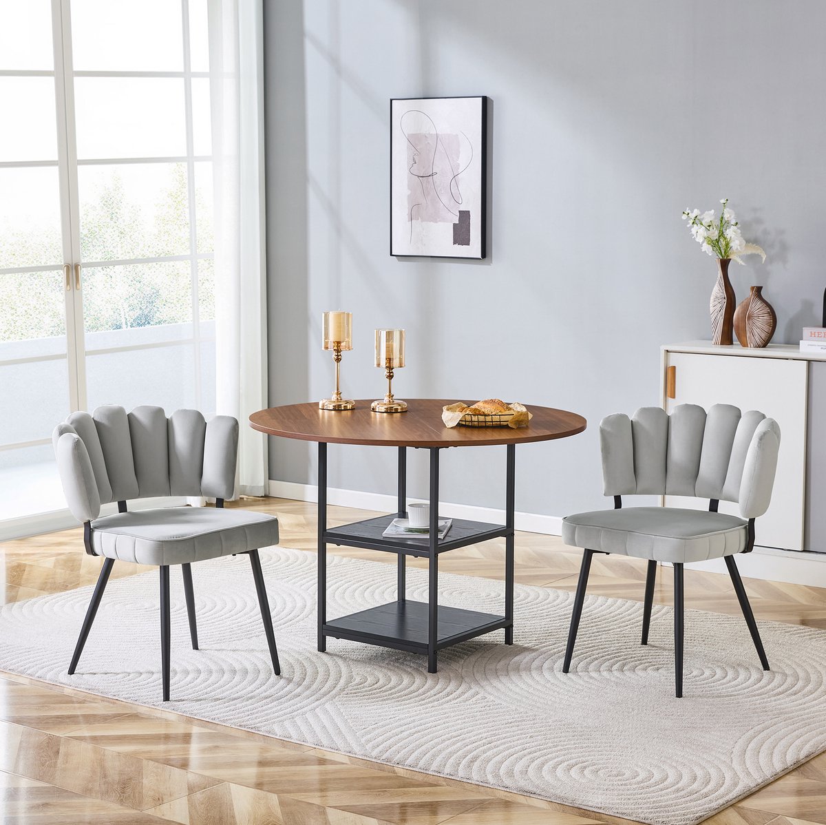 COVREO Ronde eettafel set 107 cm walnootkleur, met 2 stoelen en opbergruimte