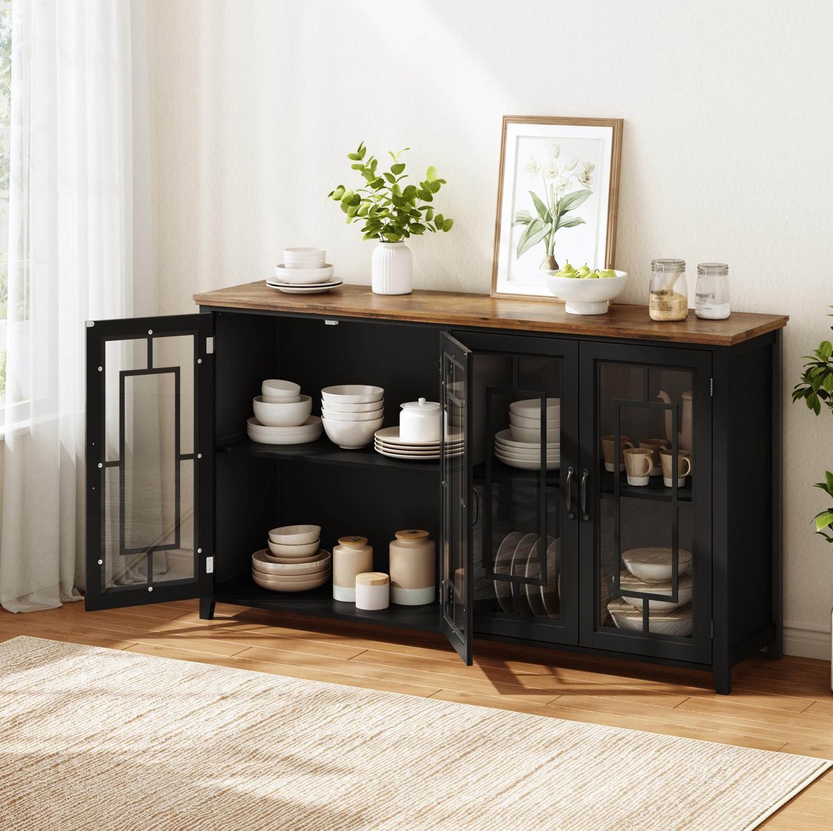 DESMIU Keukenkast - Glazen Deuren En Houtlook Blad - Voor Keuken, Eetkamer En Woonkamer - MDF - Zwart - 160x40x86 Cm
