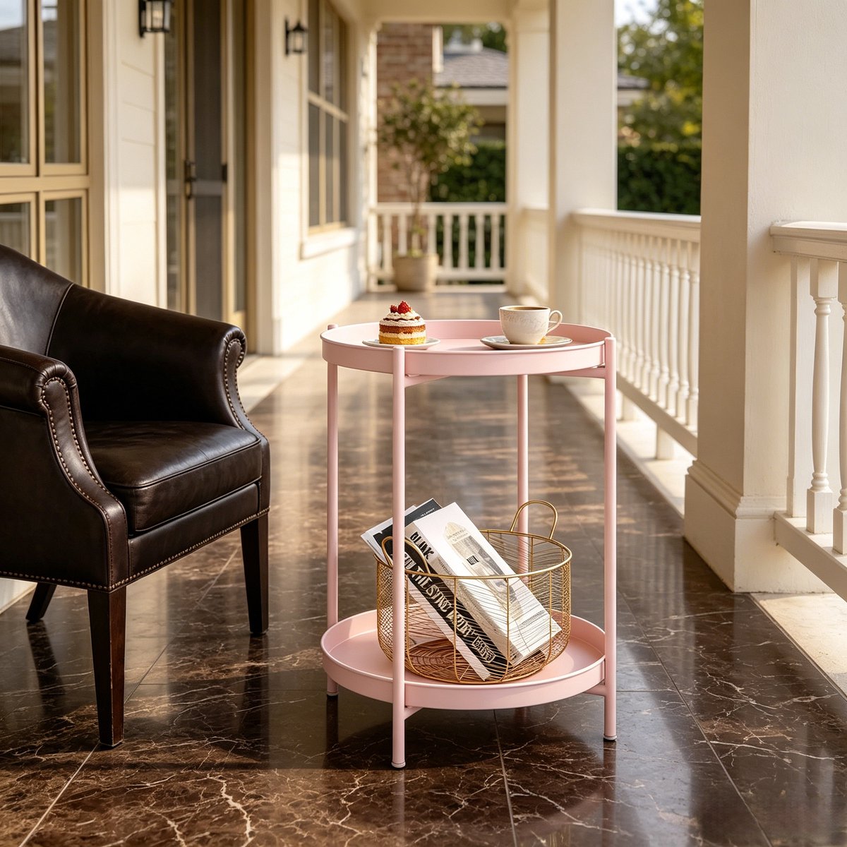 Rond Bijzettafeltje 44x44x53 cm - Metalen Salontafel Met 2 Opbergplanken - Roze