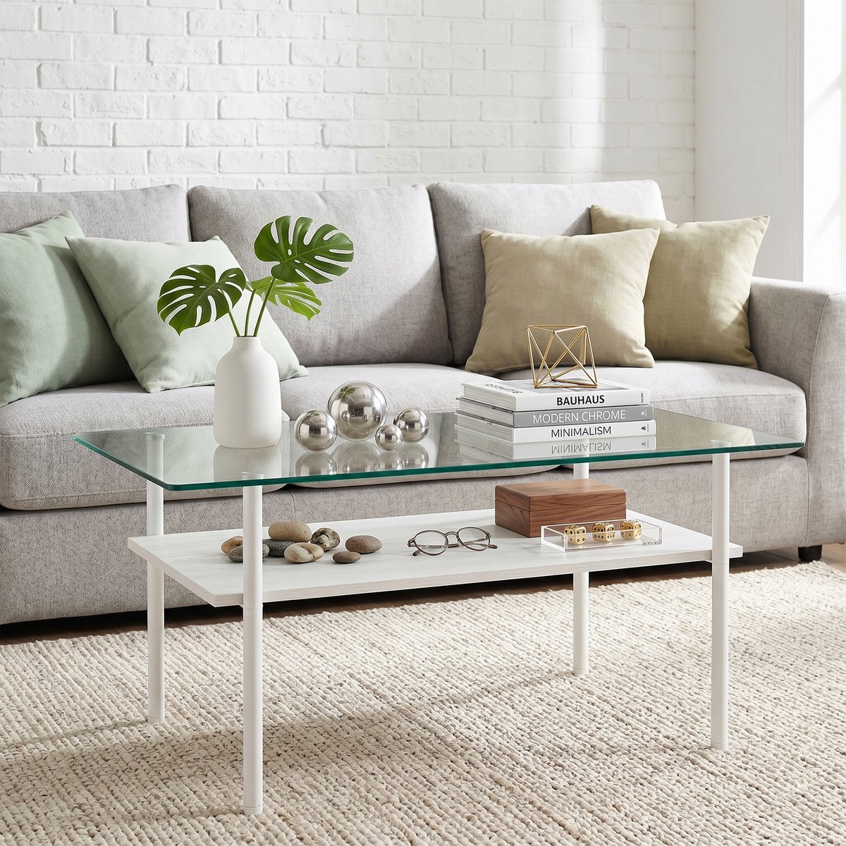 Salontafel 98x58x45 cm - Moderne Couchtisch Met Glasplaat En MDF Legplank - Wit Metalen Onderstel Wit