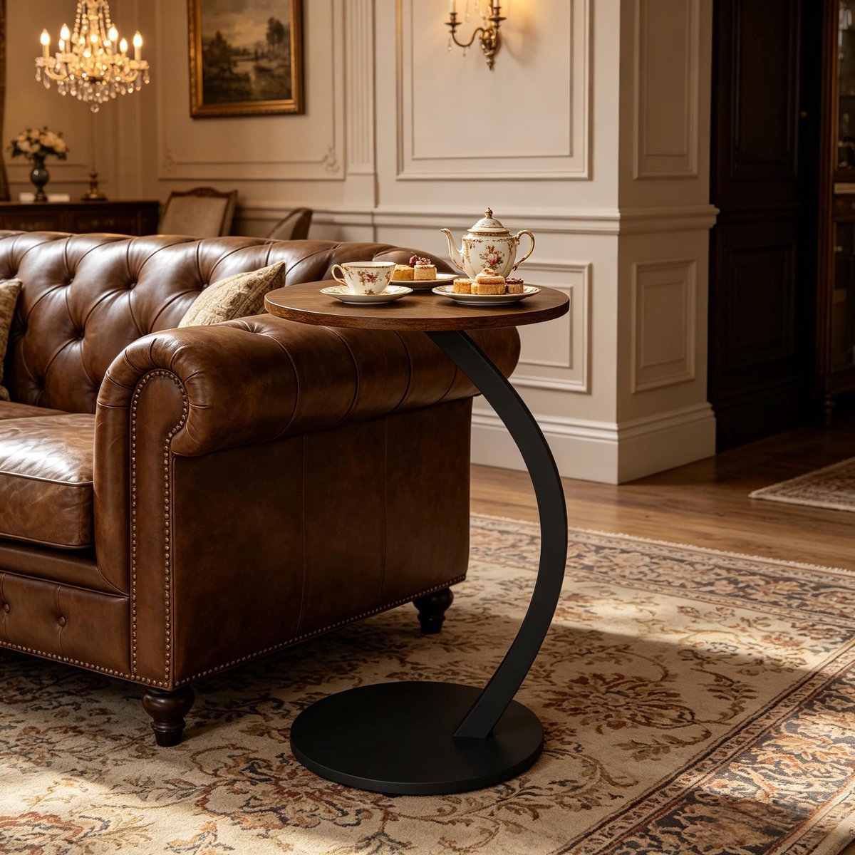 C-Vormige Bijzettafel 40x65 cm - Ronde Salontafel Met Stevig Metalen Frame En Verstelbare Voetjes Zwart Vintage