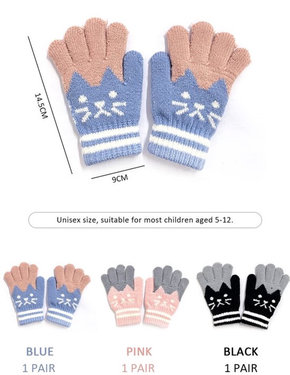 Kattenhandschoenen met pluche voering - Gebreide Winterhandschoenen - Warme Handschoenen - Geschikt voor Kinderen - 3 Kleuren (lichtblauw/roze/zwart) - Fijn Vakmanschap