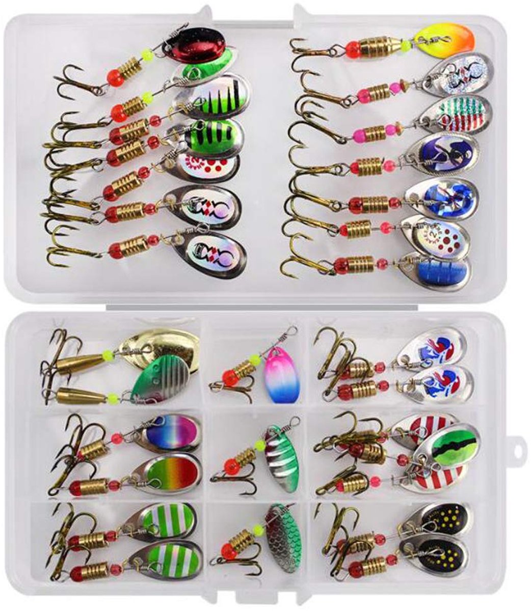 Vissen lokken 30 stuks - Spinner aas met plastic doos - Harde metalen spinners - Geschikt voor zoet- en zoutwater - ShopVlot