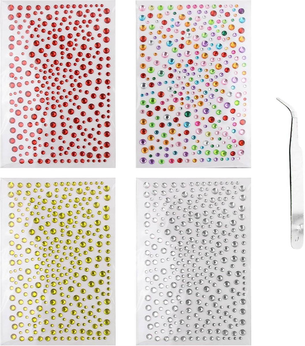 Rhinestones set 4 vellen 3-6 mm - zelfklevend glitter - met pincet - perfect voor make-up en nail art - ShopVlot