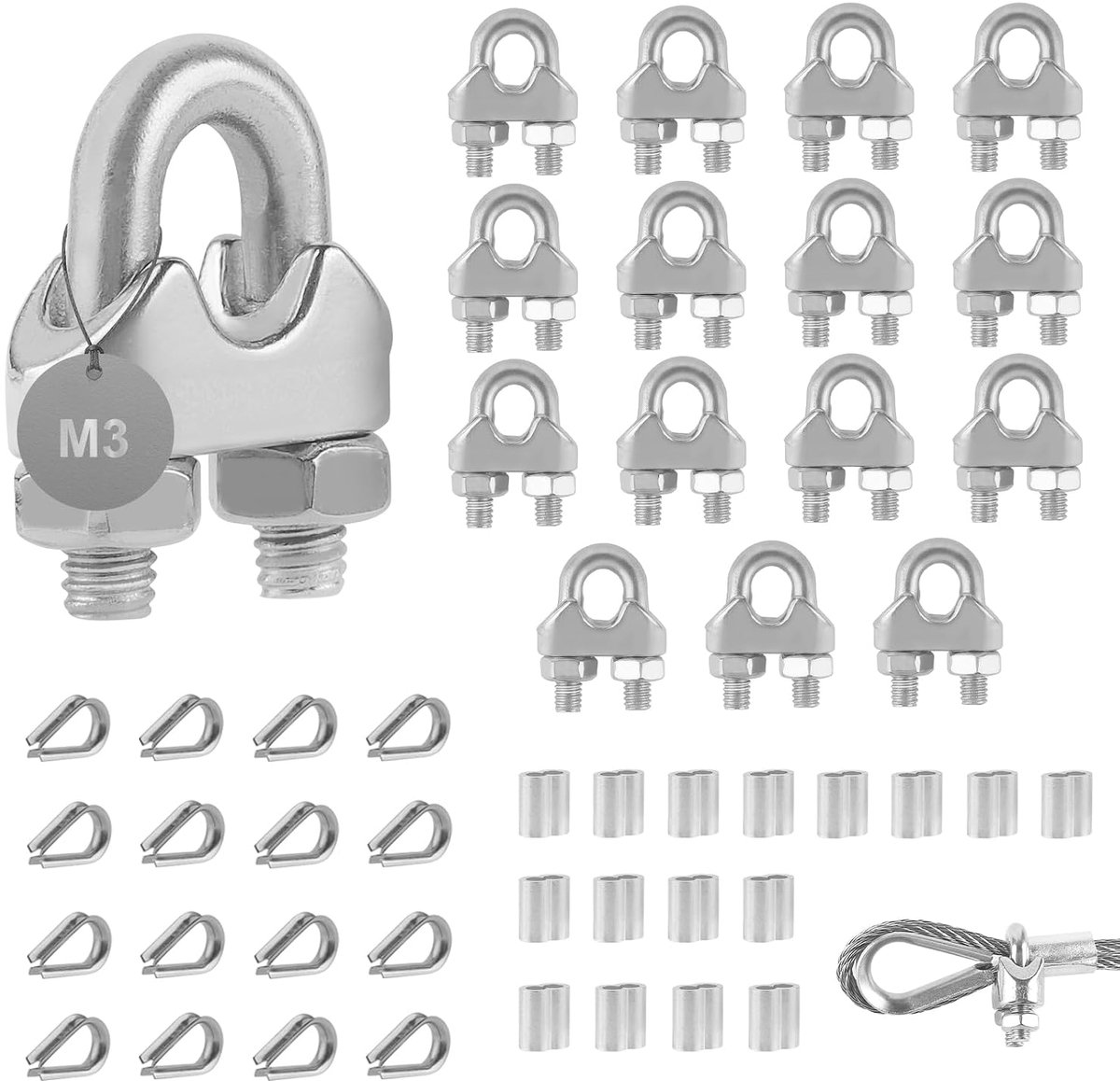 Kabelklem 3mm - RVS kabelclips met aluminium sleeves - 16 delig - Bescherming voor staaldraden - ShopVlot