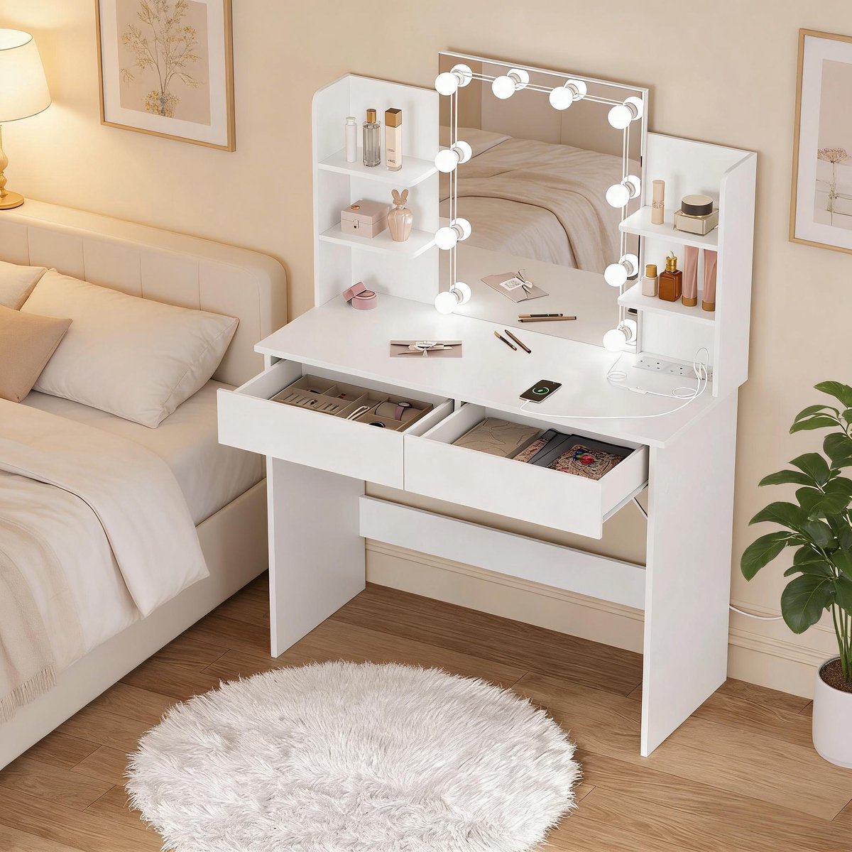Make-up Tafel 90x40x135 cm - Toilet Tafel Met Spiegel LED Verlichting USB En Opbergruimte Wit