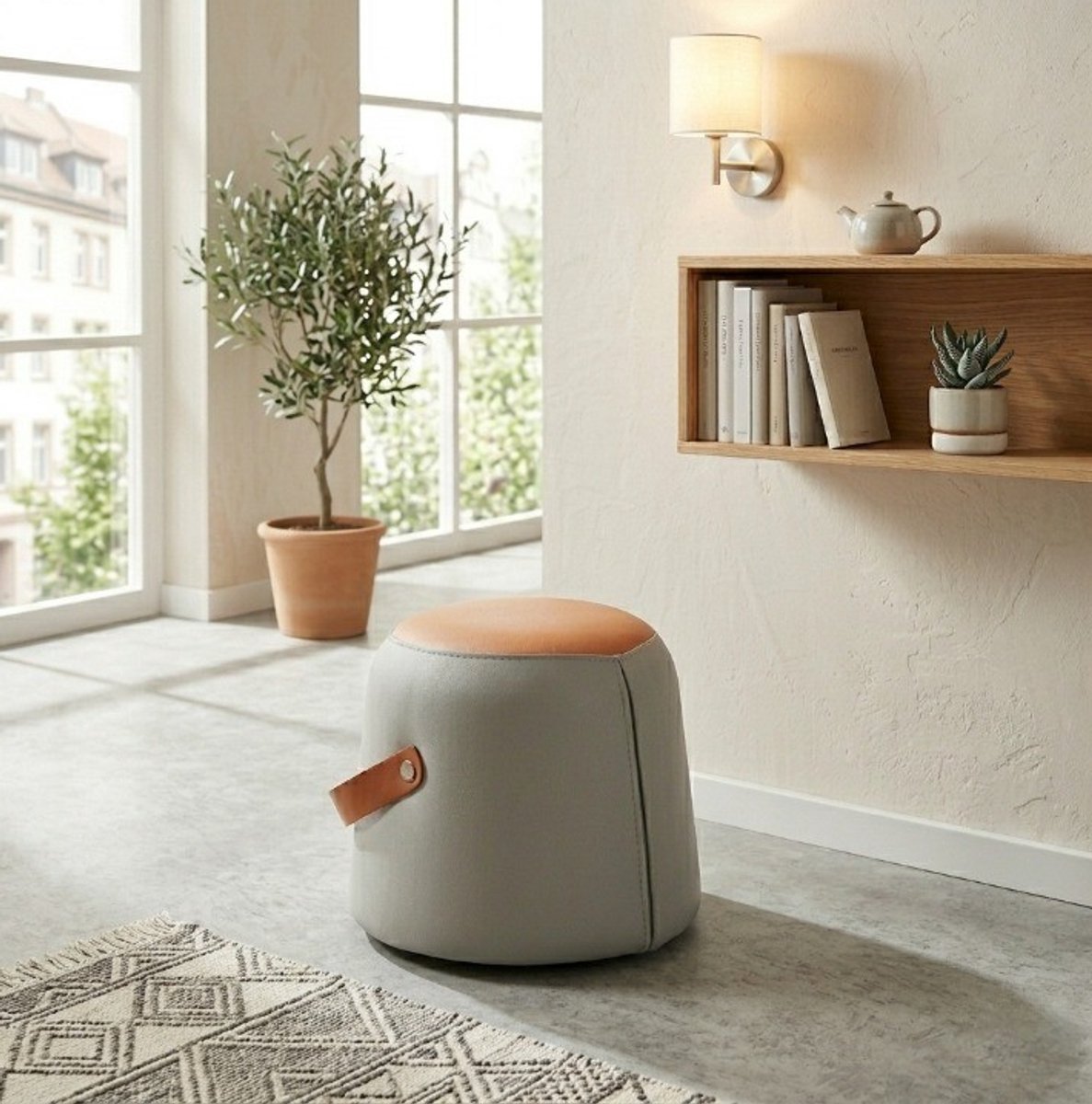 COVREO Hocker 34,5 x 34,5 x 29 cm grijs, oranje, bruin, kunstleer met handgreep