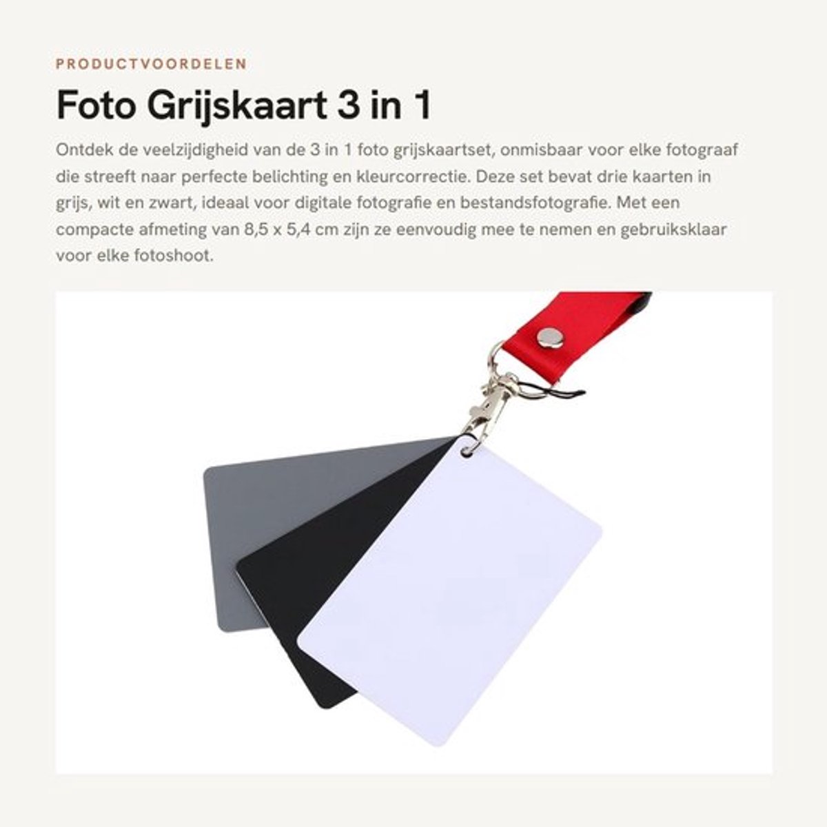 Grijskaart 3 in 1 - Belichting/Kleurbalans Kaarten - 8,5 x 5,4 cm - 100% Pigment Gecoat - Lichtgewicht/Duurzaam - 3 Stuks - Balanskaart