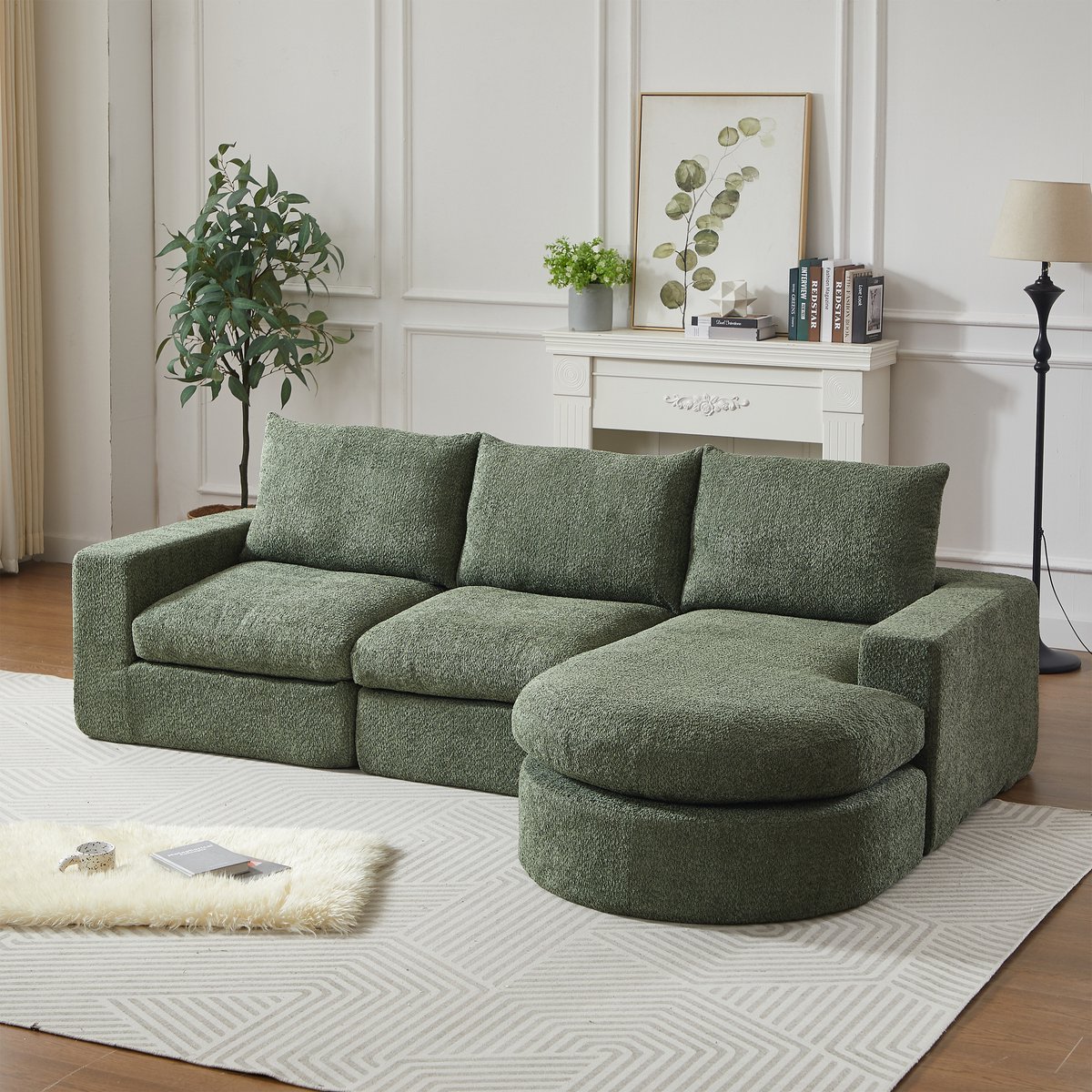 DESMIU Hoekbank - Modulair 3-Zits - Met Chaise Longue En Nekkussens - Voor Woonkamer En Lounge - Chenille - Groen