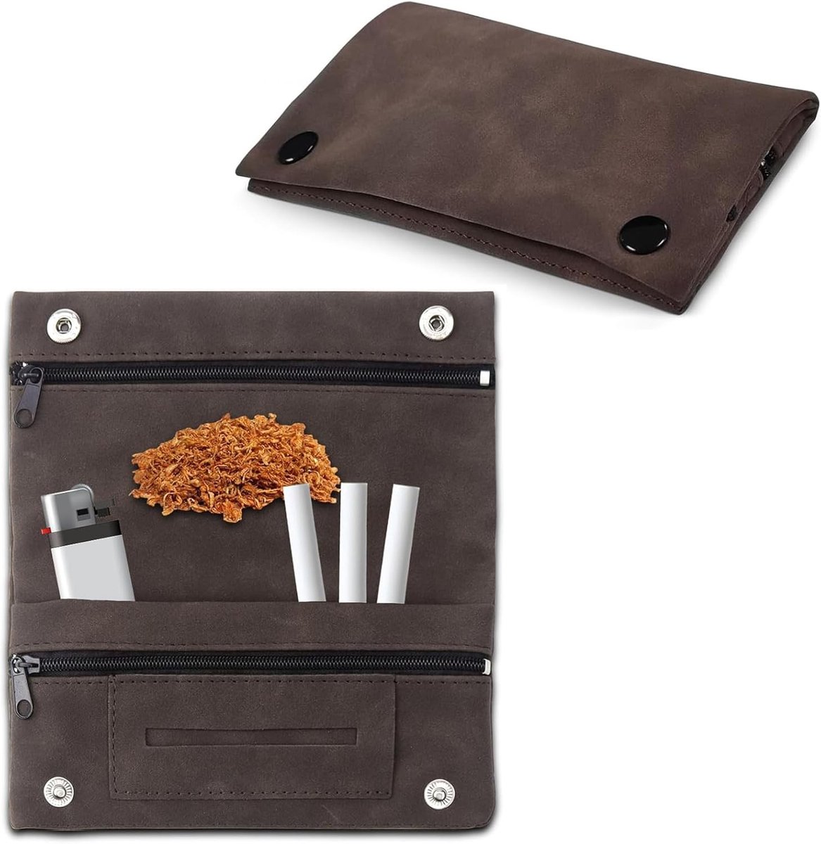 Draagbare Tabakszak van Bruin Leer met Magnetische Sluiting, Vouwbare Multifunctionele Tas voor Tabak, Filters en Aansteeklighters