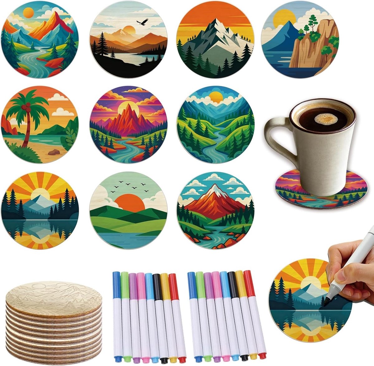 Set van 10 Houten Coasters voor Schilderen, 4 Inch Rond, DIY Coaster Set met 8 Kleuren, Perfect voor Kunst en Huisdecoratie